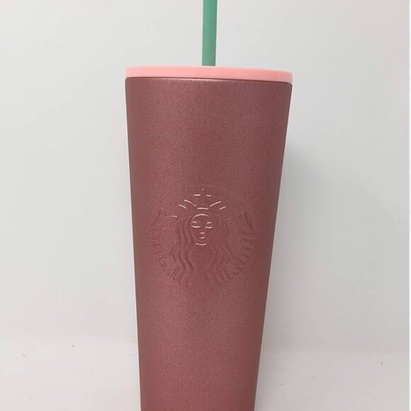 Pink Starbucks Venti Size Cold Drink Tumbler With Green Straw - Picture 1 of 7